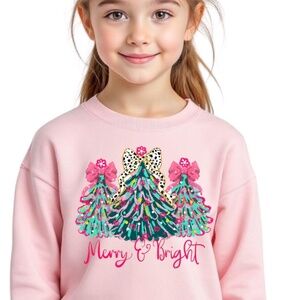 Merry & Bright Christmas Trees T-shirt Girls 2T- XL Custom made Pink tee Fun